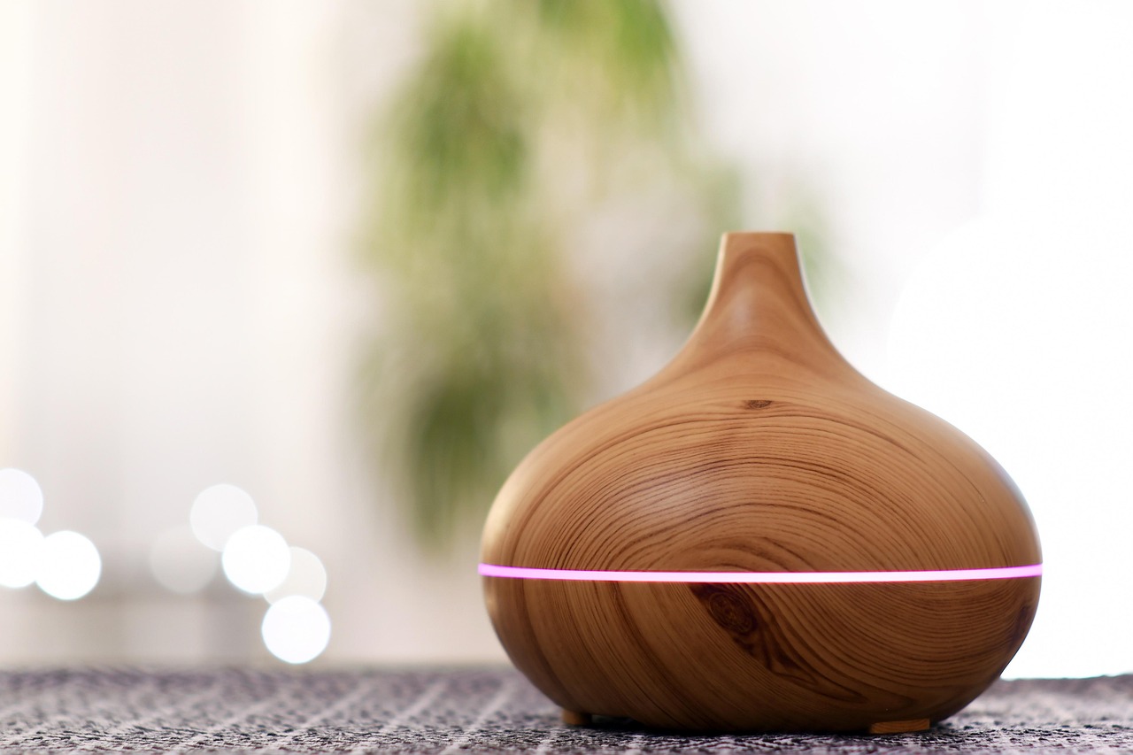 Stijlvolle aroma diffuser naast groene kamerplant.